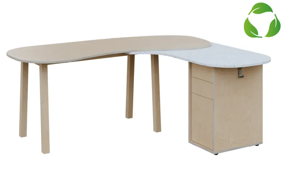 ECO 01 P stůl kancelářský, rohový, pravý, masivní dřevěná podnož, deska 18 mm, široký 1840 mm, překližka bříza/upcyklovaný plast